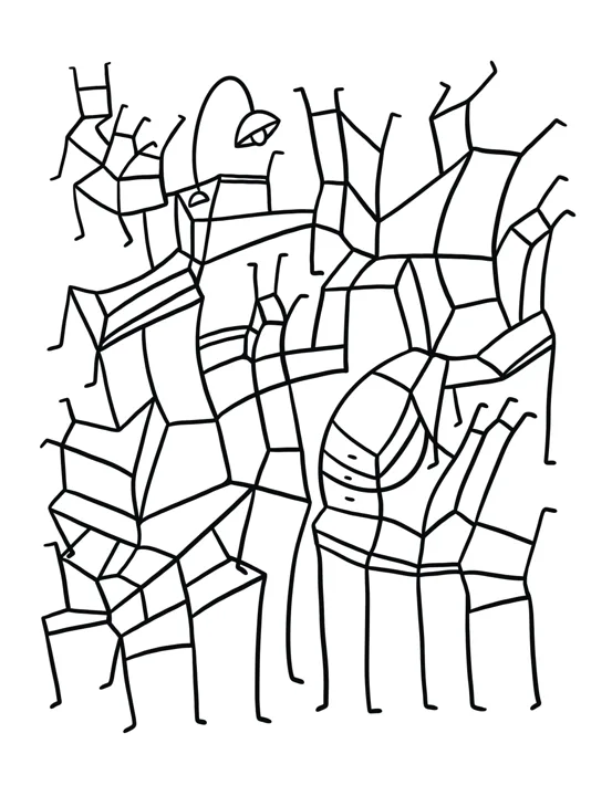 A tangle of line-drawn chairs