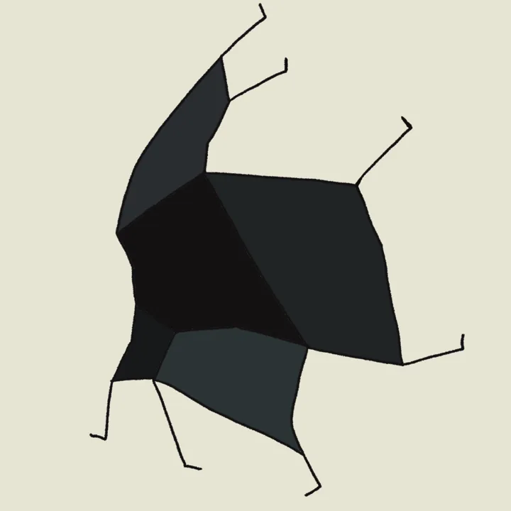A dark figure of planes, legs splayed mid-jump
