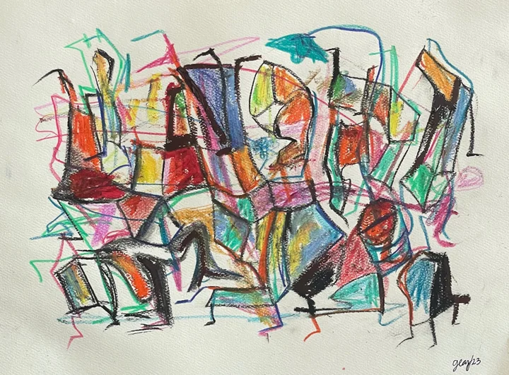 Oil pastel on paper: a dense band of chairs in blue, red, green and orange scribbled lines, crowded together.