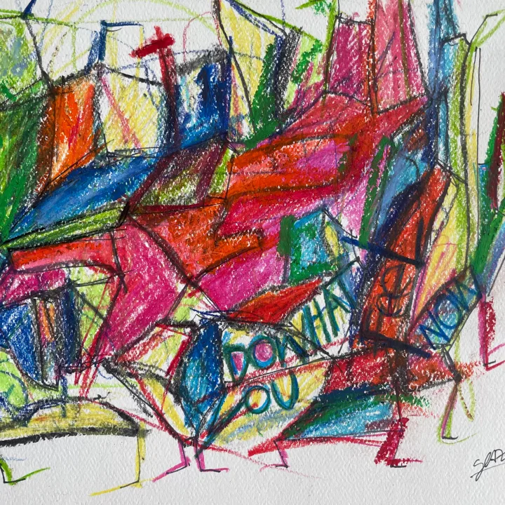 Loud oil pastel drawing in pink, red, blue and yellow: chairs and panels piled up, with hand-written words scrawled across.